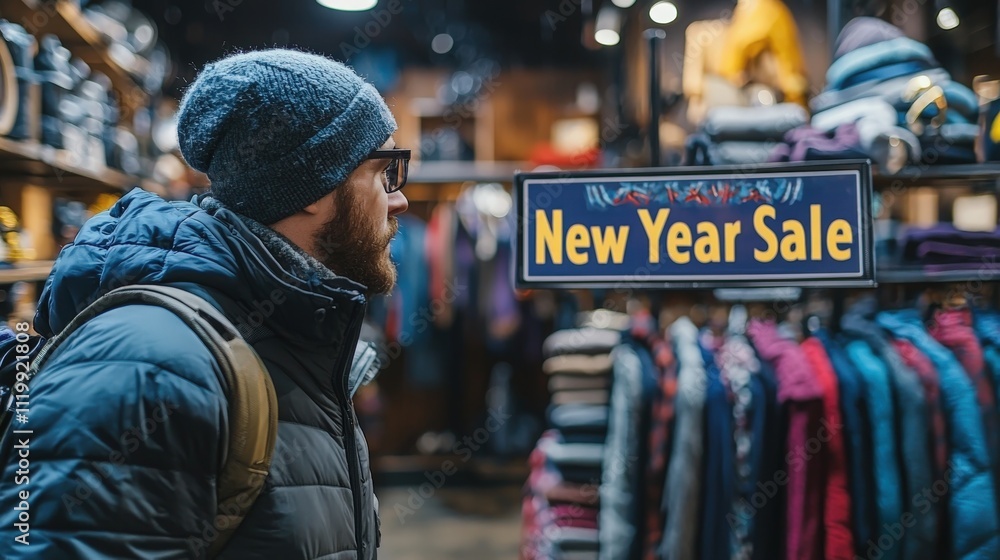 Man shopping during New Year sale in a cozy retail store on a winter day Man shopping during New Year sale in a cozy retail store on a winter day