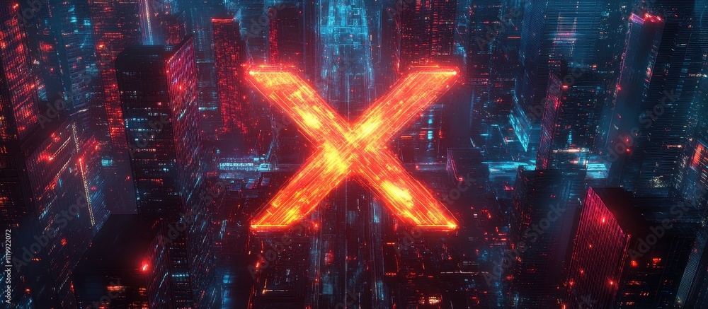 Futuristic Neon Cityscape with Glowing Red X Symbol Amidst Skyscrapers at Night Futuristic Neon Cityscape with Glowing Red X Symbol Amidst Skyscrapers at Night