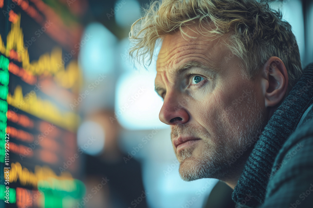 A focused man analyzing financial data on a digital interface. A focused man analyzing financial data on a digital interface.