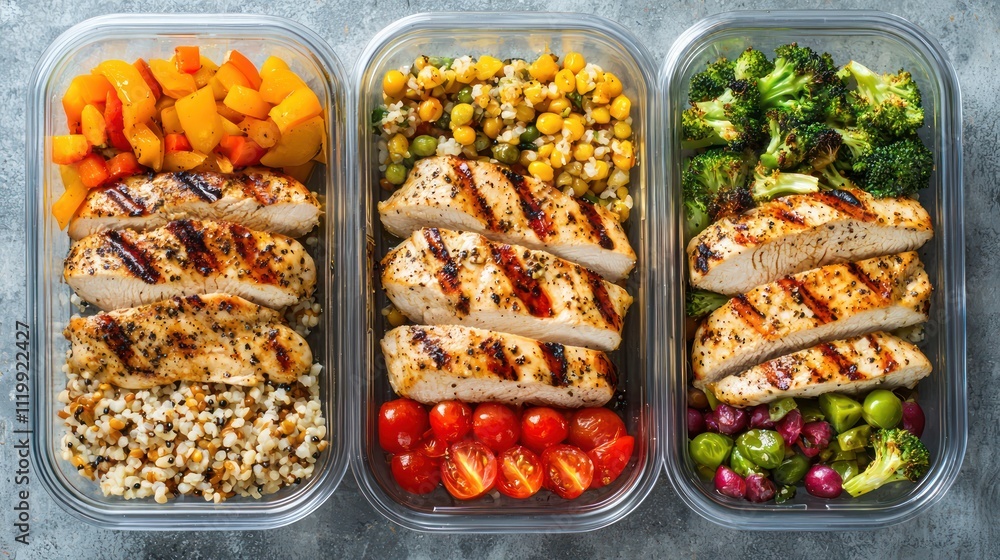 A balanced meal prep showcasing grilled chicken, fresh vegetables, and grains, perfect for nutritional planning. A balanced meal prep showcasing grilled chicken, fresh vegetables, and grains, perfect for nutritional planning.