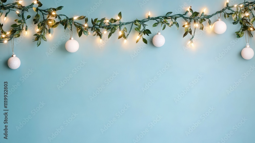 Minimalist green garland with white ornaments and bokeh background Minimalist green garland with white ornaments and bokeh background