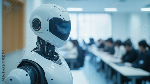 Humanoid ai robot instructor in minimalist classroom setting