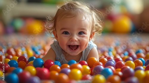 A joyful baby with tousled hair is crawling through a vibrant ball pit filled with colorful plastic balls. The atmosphere is lively, perfect for play.