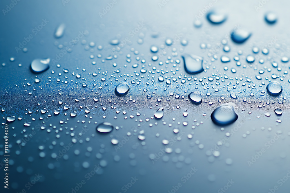 Water drops on a blue background with empty space in the left side for text or a logo Water drops on a blue background with empty space in the left side for text or a logo