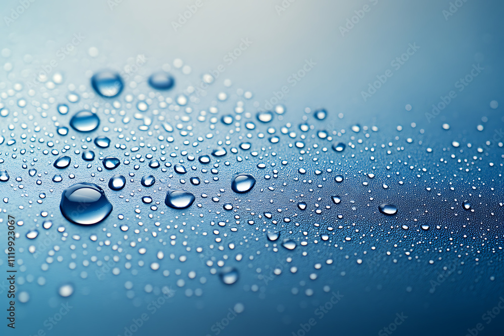 Water drops on a blue background with empty space in the left side for text or a logo Water drops on a blue background with empty space in the left side for text or a logo