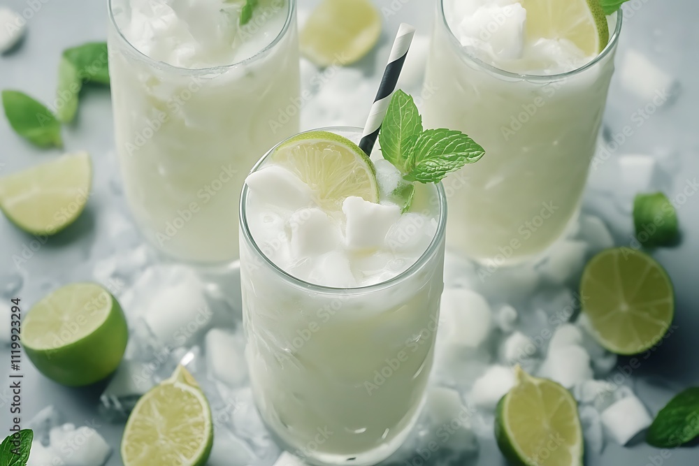 Coconut Lime French Soda on wooden background. Coconut Lime French Soda on wooden background.