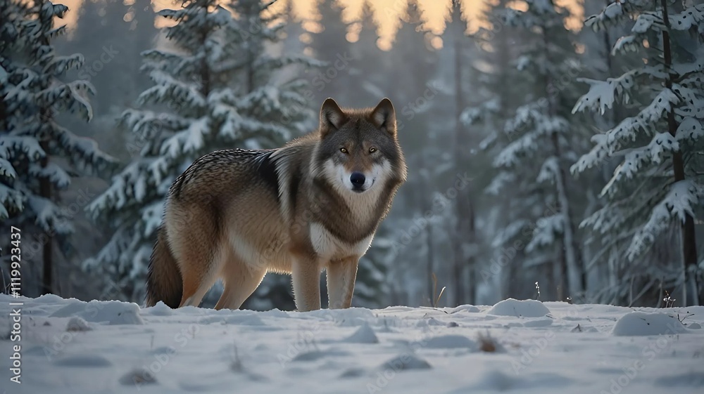 Fototapeta premium Majestic wolf standing on a snowy landscape, surrounded by a serene and frosty winter setting. 