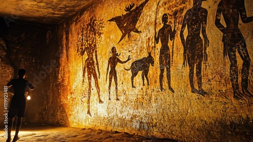 Cave paintings depicting early human life, illuminated by torchlight--ideal for archaeology projects or prehistoric history documentaries. photo