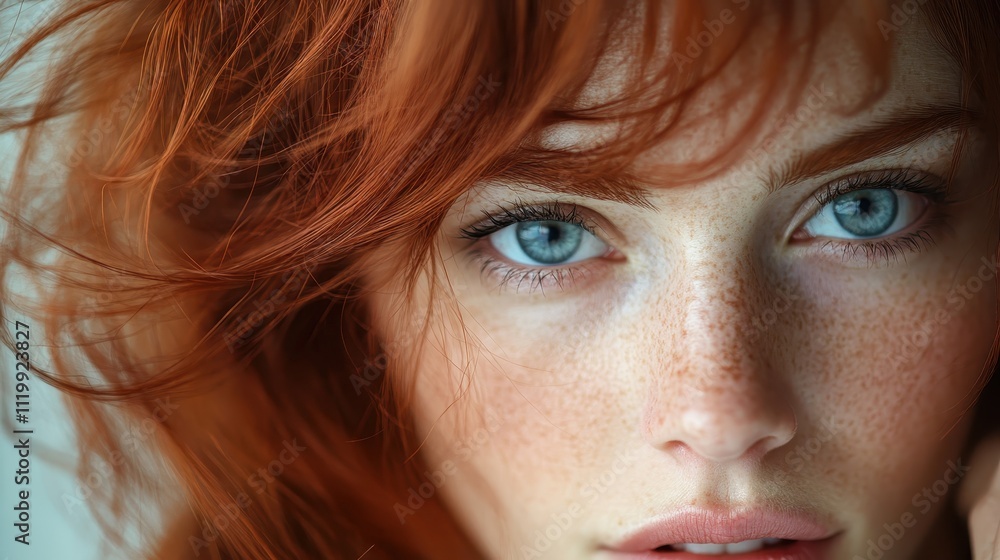 A close-up of a woman with captivating blue eyes framed by her flowing red hair, her delicate freckles and soft expression create an image of serenity. A close-up of a woman with captivating blue eyes framed by her flowing red hair, her delicate freckles and soft expression create an image of serenity.