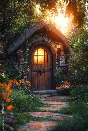 Enchanting Stone Cottage with Wooden Door Surrounded by Lush Garden and Sunlit Pathway in a Magical Forest Setting