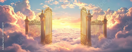 A beautiful illustration of ornate golden gates opening to a tranquil cloudscape, evoking feelings of hope and peace.