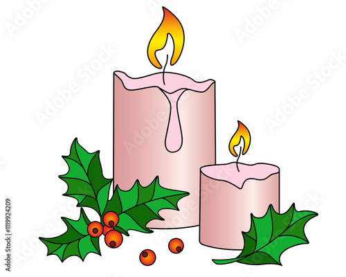 Candles and Holly - vector full color illustration. Pair of candles and holly evergreen symbol of Christmas. Holiday candles	