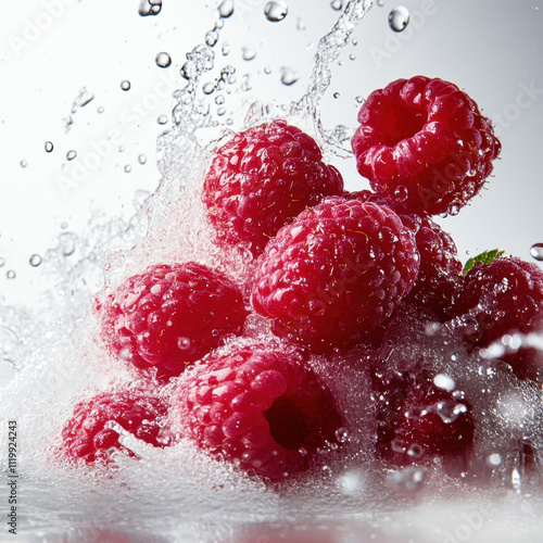 Fresh raspberries splashing in water, showcasing vibrant colors and droplets