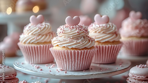 Romantic Valentine's Day dessert buffet featuring pink cakes and heart-shaped macarons