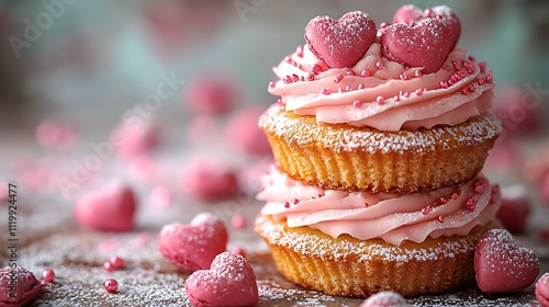 Romantic Valentine's Day dessert table with heart-shaped pastries and pink frosting