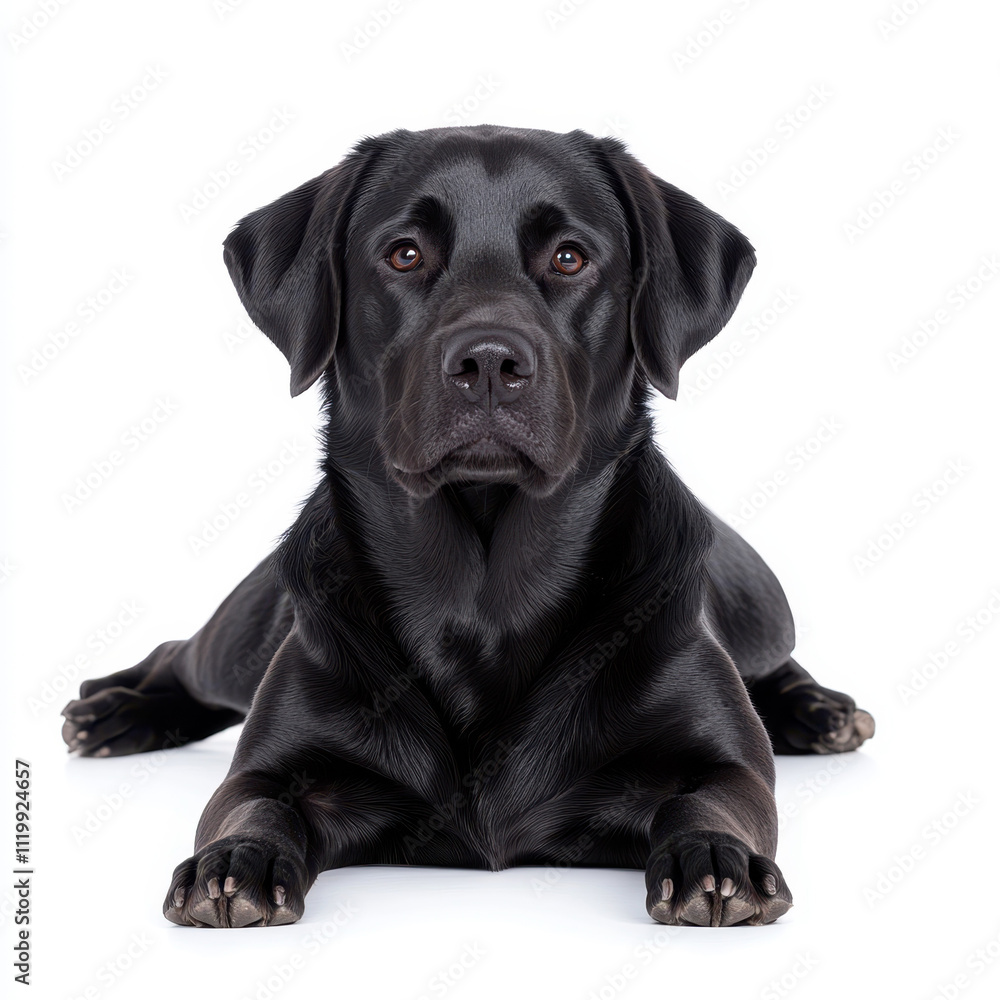 sleek black Labrador lying gracefully on white background sleek black Labrador lying gracefully on white background