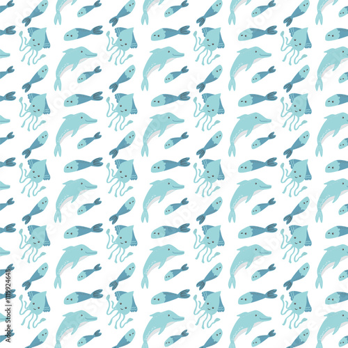 Aquatic animal pattern featuring fish, octopus, and dolphin in blue tones. photo