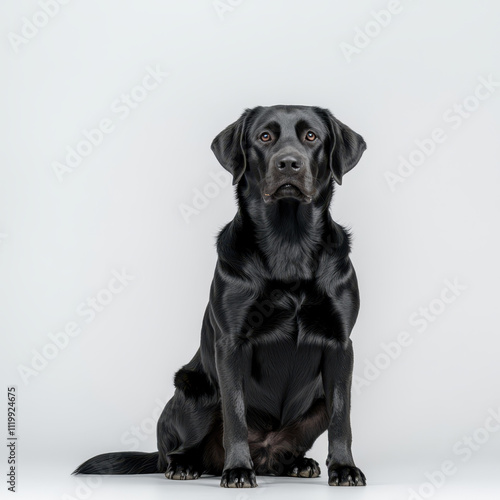 sleek black Labrador sitting confidently on white background