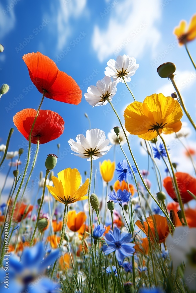 Obraz premium Tall wildflowers in mix of red, white, and blue stretch toward clear blue sky, capturing freedom and joy of summer day in bloom, with vibrant colors filling meadow.Concept beauty of blossom