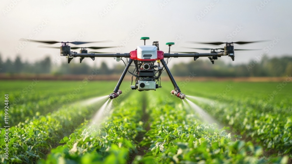 Drone Spraying Pesticide Over Green Crop Field in Agricultural Landscape Under Clear Sky During Daylight Hours Drone Spraying Pesticide Over Green Crop Field in Agricultural Landscape Under Clear Sky During Daylight Hours