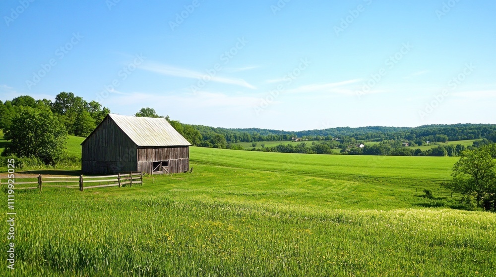 Serene Rustic Barn in a Lush Green Meadow under a Sunny Sky Serene Rustic Barn in a Lush Green Meadow under a Sunny Sky