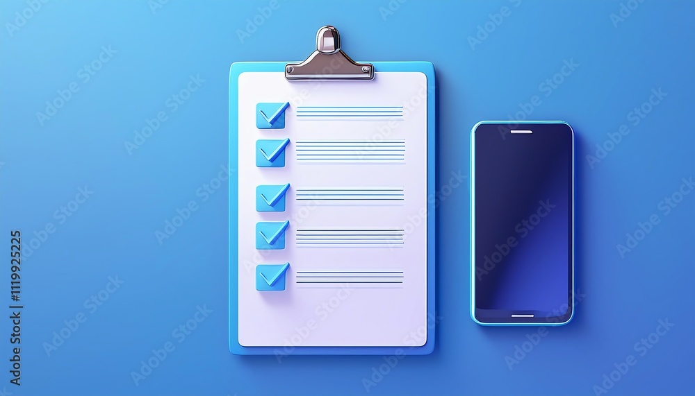 A digital clipboard with checkmarks and a smartphone, set against a blue background, represents task management and organization. A digital clipboard with checkmarks and a smartphone, set against a blue background, represents task management and organization.
