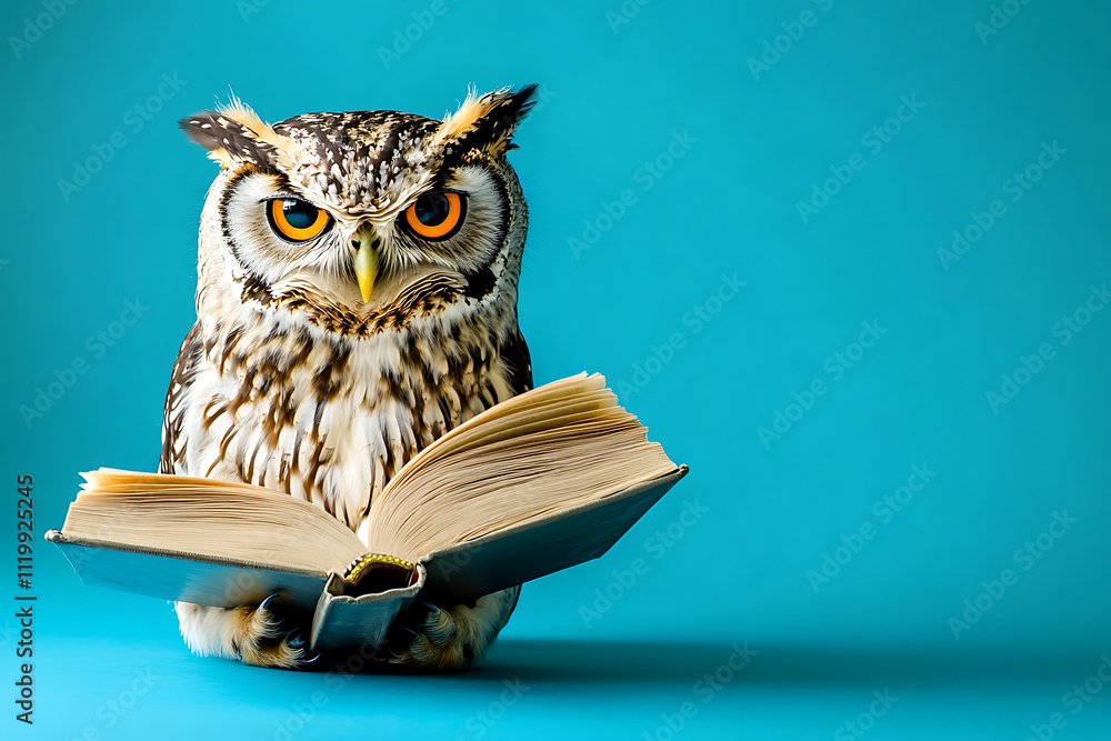 custom made wallpaper toronto digitalWisdom and education concept image with a wise owl reading a book on blue background with copy space,