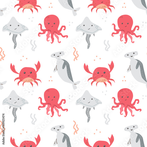 Cute marine animal pattern with octopus, stingray, crab, and seal illustrations.