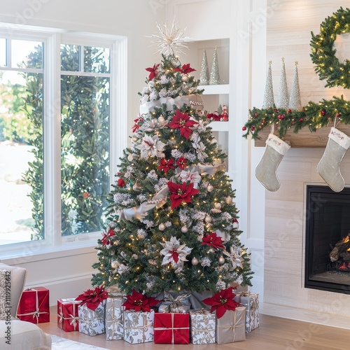 A cozy holiday interior decoration with a Christmas tree and gifts near the fireplace