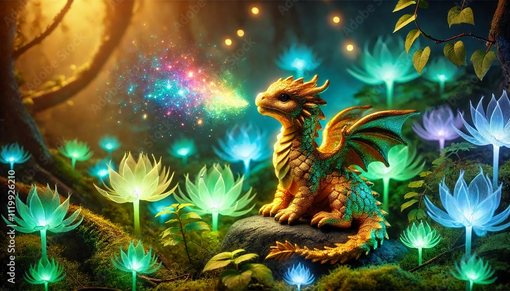 Fototapeta premium Little dragon in the fantasy forest