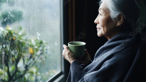 ミニマルな日本の風景の中で、雨の降る窓の外を眺めながらカップを持つ思慮深い年配の女性 photo