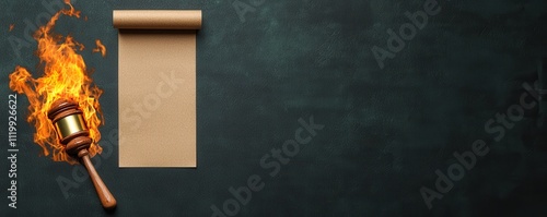 lawrestriction  justice.  A gavel rests beside a burning scroll on a dark background, symbolizing justice and the destruction of evidence or ideas. photo