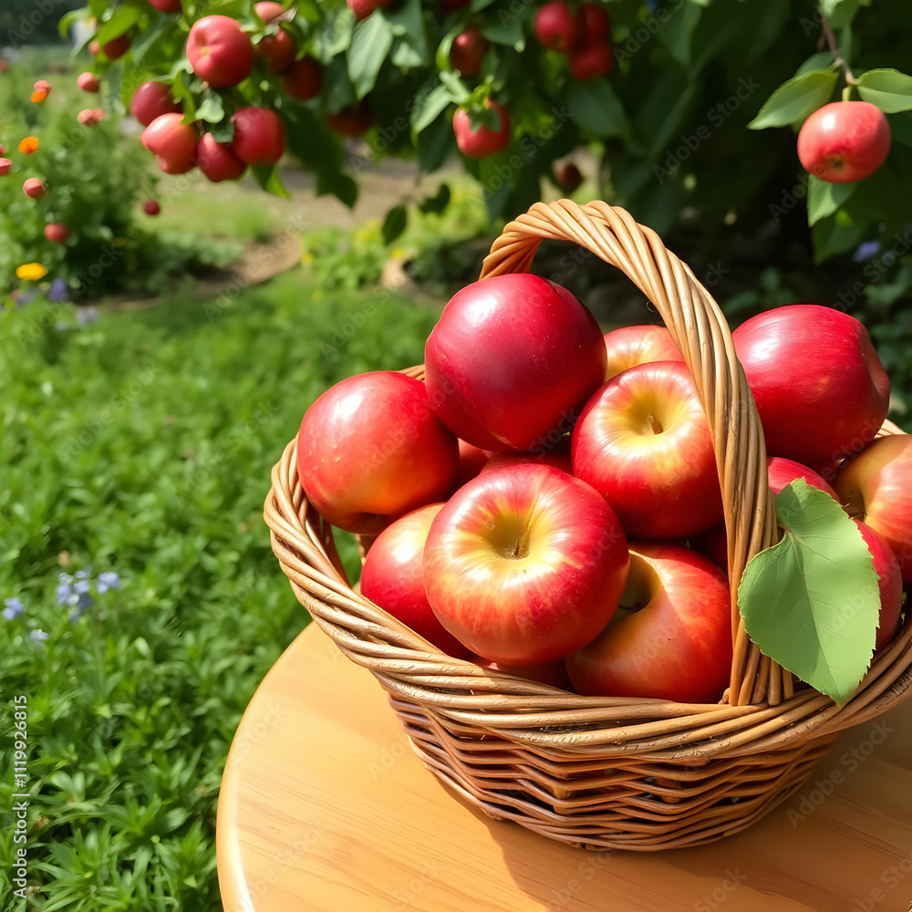 Basket of ripe red apples on a table in a summer garden Basket of ripe red apples on a table in a summer garden