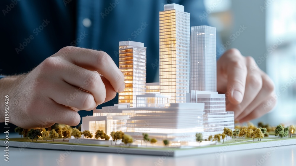 Hands Adjusting Scaled Model of Modern Building Hands Adjusting Scaled Model of Modern Building