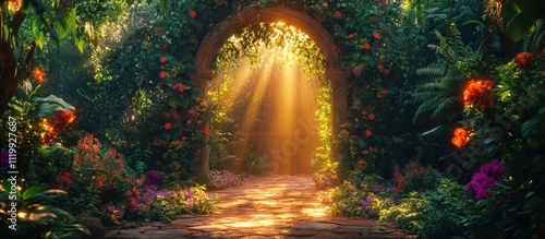 Enchanting Garden Pathway Illuminated by Sunlight Through Lush Greenery and Vibrant Flowers photo