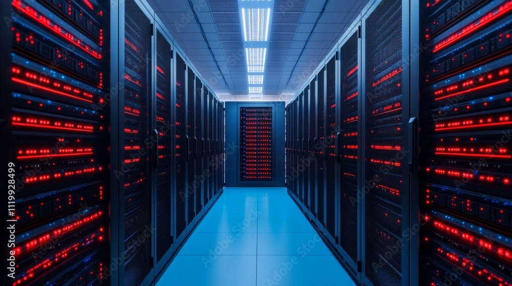 Data Center with Servers and Red Lights Data Center with Servers and Red Lights