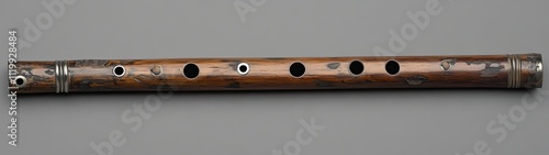 A dark brown wooden flute with six holes and metallic accents. photo