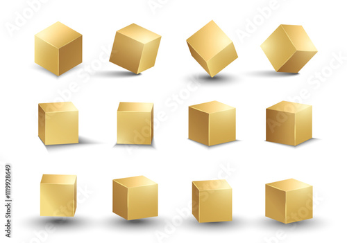 3d gold metallic cube. Realistic vector geometric shape. Golden glossy box with shadow