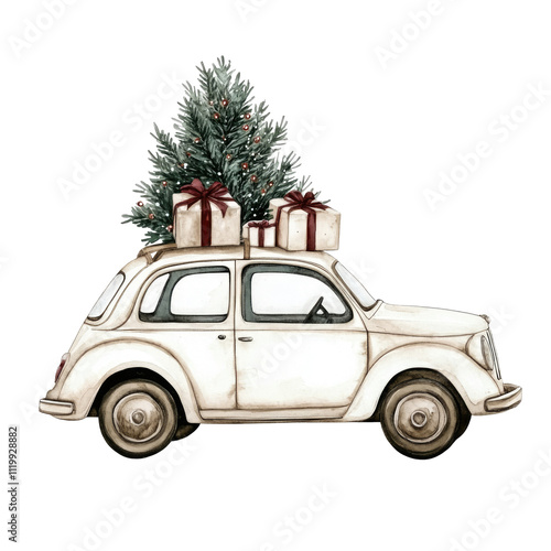 White vintage watercolor car with a Christmas tree and wrapped gifts on the roof, in neutral colors, isolated on transparent background