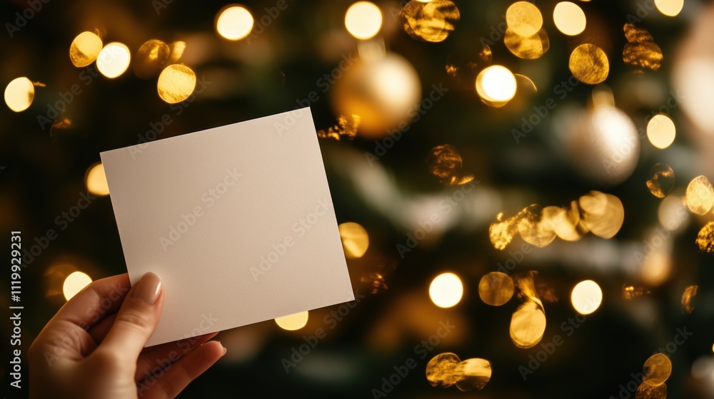 Hand holding a blank card with Christmas tree lights in the background. text/greetings placeholder Hand holding a blank card with Christmas tree lights in the background. text/greetings placeholder