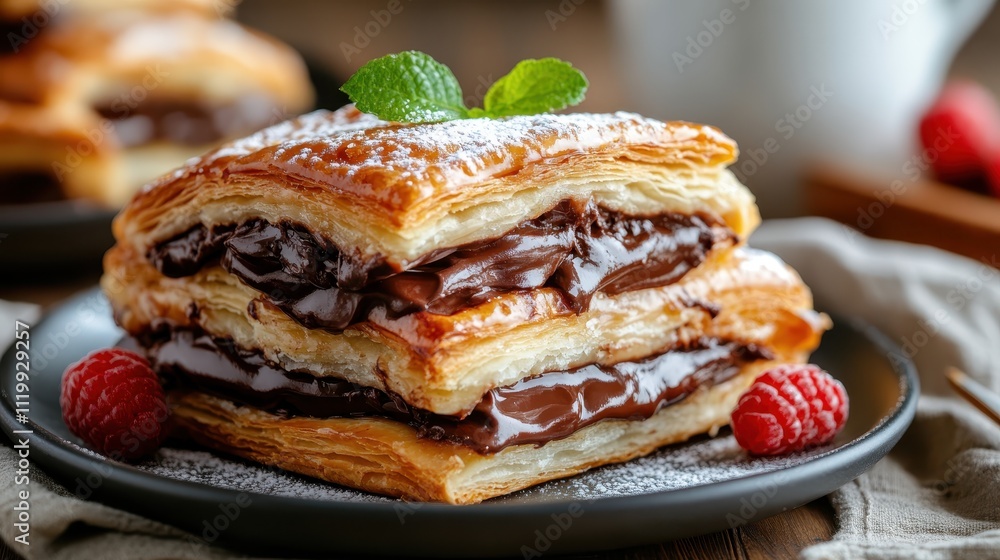 A meticulously crafted layered chocolate pastry, adorned with raspberries and a touch of mint, showcasing a flawless blend of rich textures and vibrant flavors. A meticulously crafted layered chocolate pastry, adorned with raspberries and a touch of mint, showcasing a flawless blend of rich textures and vibrant flavors.