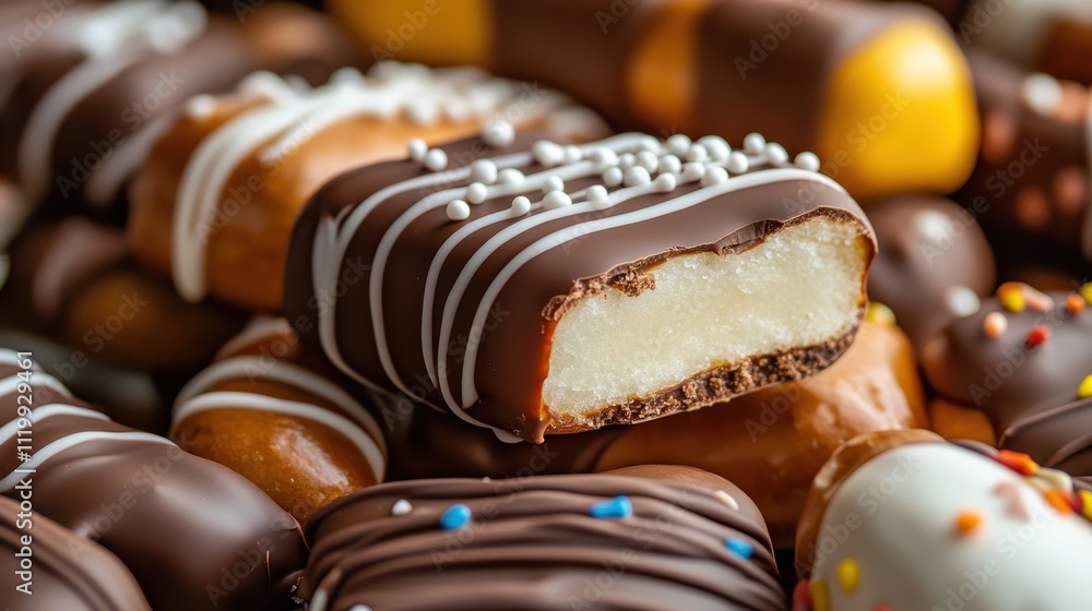 Luxurious marzipan candies cloaked in a thick layer of rich chocolate, adorned with delicate white chocolate lines and colorful sprinkles, for a sweet indulgence. Luxurious marzipan candies cloaked in a thick layer of rich chocolate, adorned with delicate white chocolate lines and colorful sprinkles, for a sweet indulgence.
