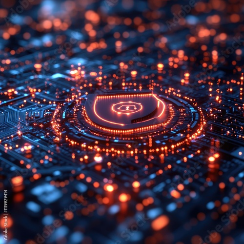 Glowing shield on a circuit board, digital security concept.