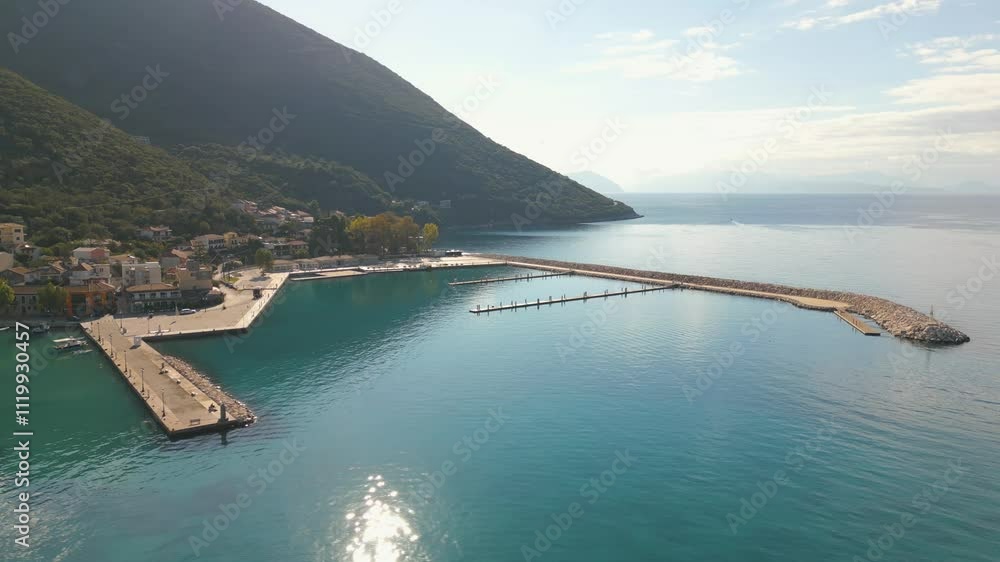 Aerial drone video of the coastal town named Vasiliki on the island of Lefkada in Greece. Aerial drone video of the coastal town named Vasiliki on the island of Lefkada in Greece.