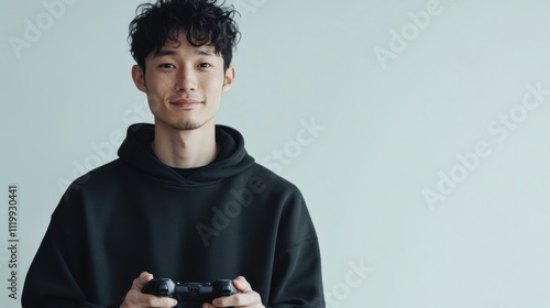 現代のライフスタイルのコンセプトに合わせた、ゲームコントローラーを持った男性のミニマルなポートレート