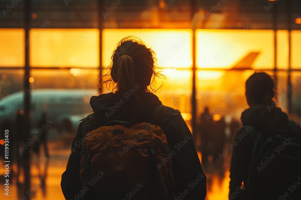 A vibrant scene of travelers silhouetted against the warm glow of a sunrise, seen through large glass windows at an airport terminal. A vibrant scene of travelers silhouetted against the warm glow of a sunrise, seen through large glass windows at an airport terminal.