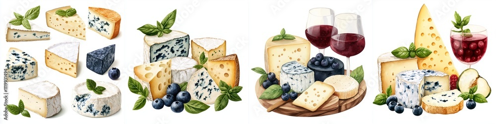 watercolor selection of blue and soft cheeses with basil, paired with fruits and wine, creates delightful and inviting spread for any gathering watercolor selection of blue and soft cheeses with basil, paired with fruits and wine, creates delightful and inviting spread for any gathering
