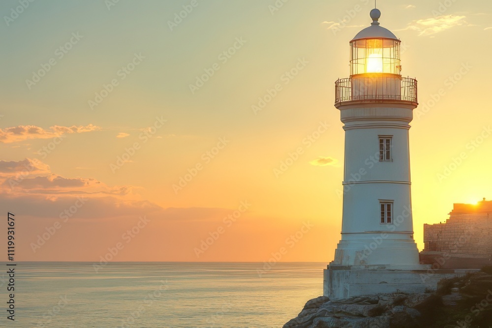 Lighthouse at sunset overlooking calm ocean waters illuminating the coastline Lighthouse at sunset overlooking calm ocean waters illuminating the coastline