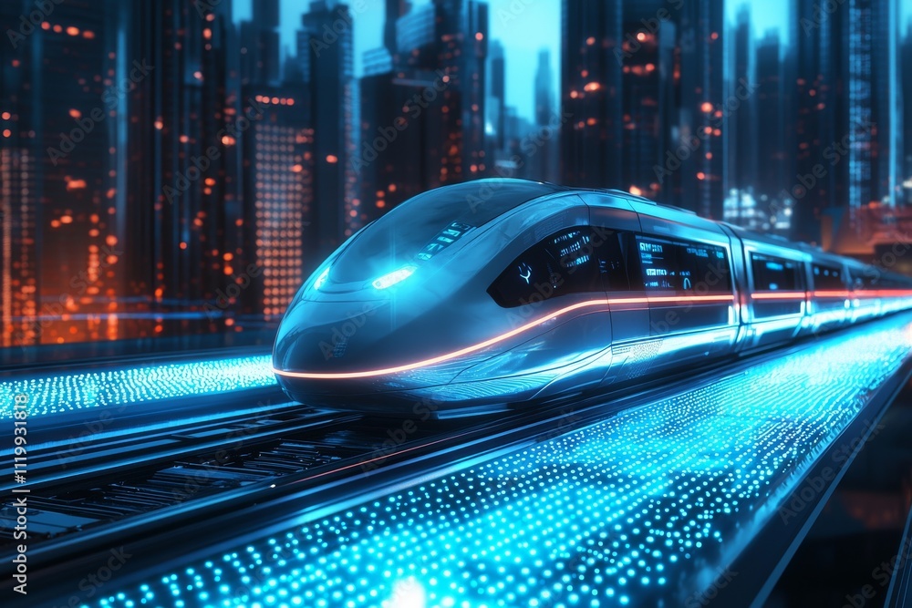 Create a futuristic scene featuring a sleek, modern high-speed train aligned on a digital platform with glowing blue LED lights Create a futuristic scene featuring a sleek, modern high-speed train aligned on a digital platform with glowing blue LED lights