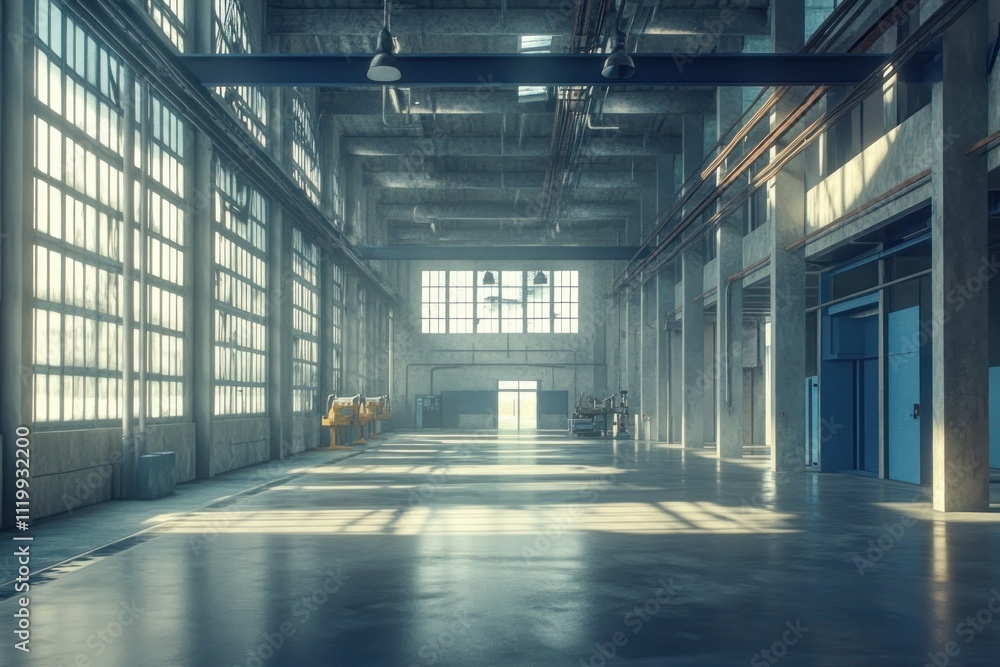 A spacious industrial interior with large windows and machinery, designed for work. A spacious industrial interior with large windows and machinery, designed for work.
